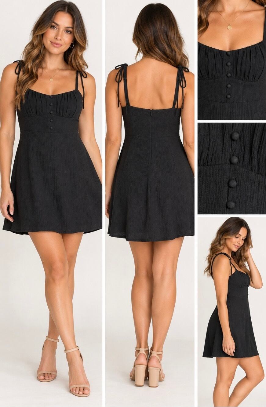 ASTR The Label Black Mini Dress L Ruched Bust Tie Strap Button Date Night